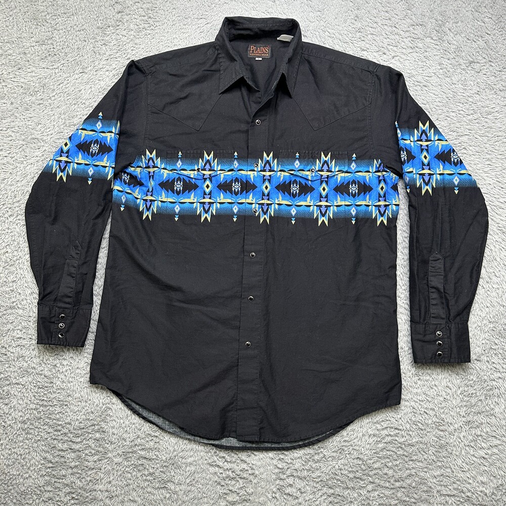 Plains Western Wear Shirt Mens L Black Southwestern Print Pearl Snap Long Sleeve